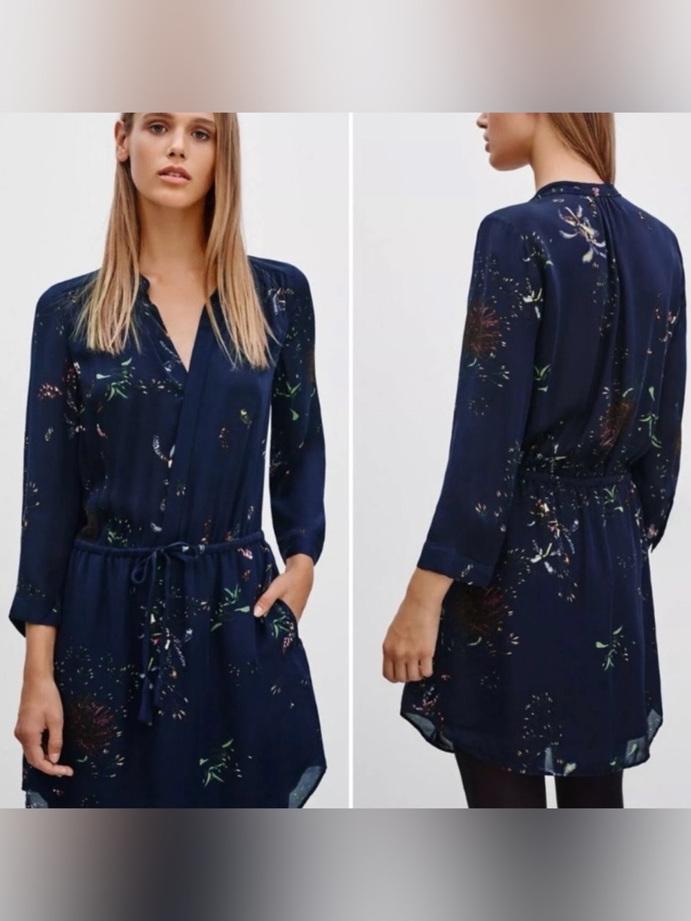 Aritzia Babaton Bennett Silk Dress Navy Blue Floral Multi Tie Waist Mini XS